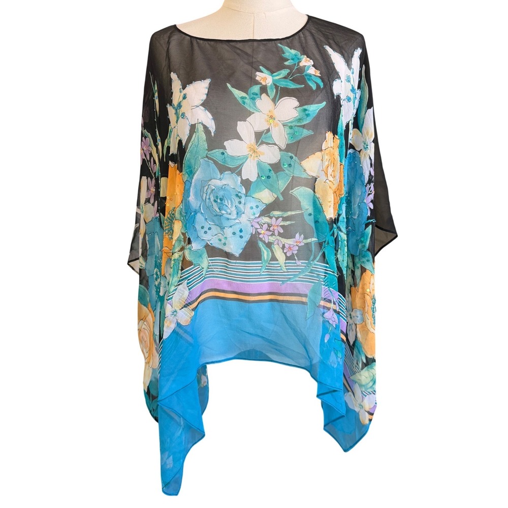 Coldwater Creek 100% Silk Floral Beaded Sheer Poncho Blouse Blue Black Size 16